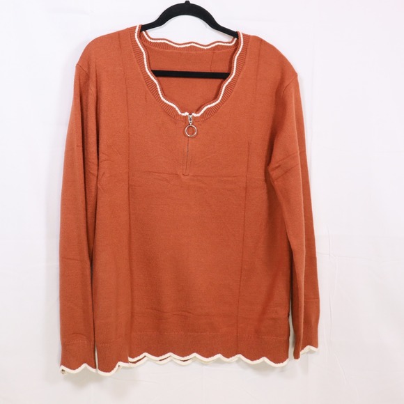 Unbranded Sweaters - Unbranded Quarter Zip Sweater XL Rust Orange Women Scalloped Trim Knit Pullover